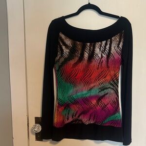 Joseph Ribkoff Black Top with Multicolor Wave Pattern